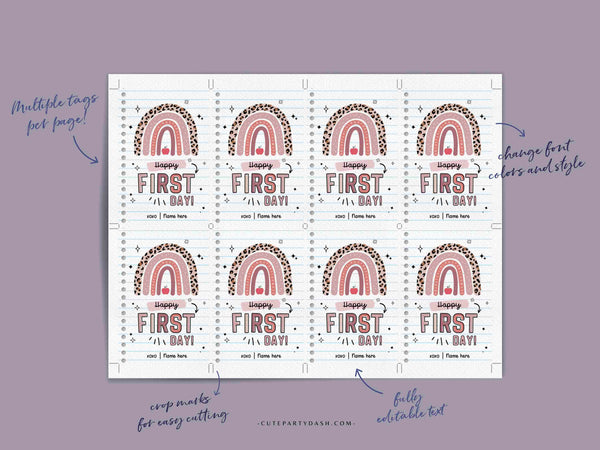 EDITABLE Happy First Day of School Gift Tag Printable Welcome Back To School treat Tag Rainbow Teacher 1st day of school INSTANT DOWNLOAD