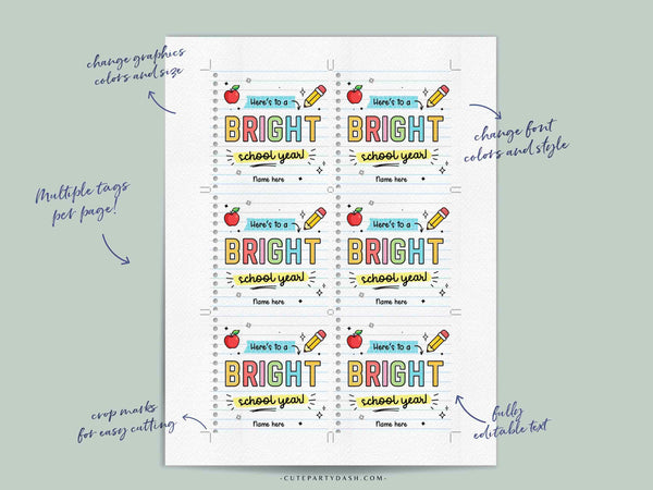 Here's To a Bright School Year Tag Back to School Gift Tag template Editable Gift from Teacher Student Kid First Day School INSTANT DOWNLOAD