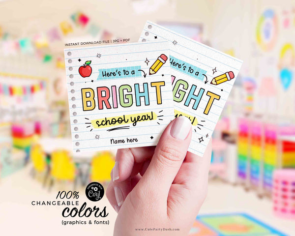 Here's To a Bright School Year Tag Back to School Gift Tag template Editable Gift from Teacher Student Kid First Day School INSTANT DOWNLOAD