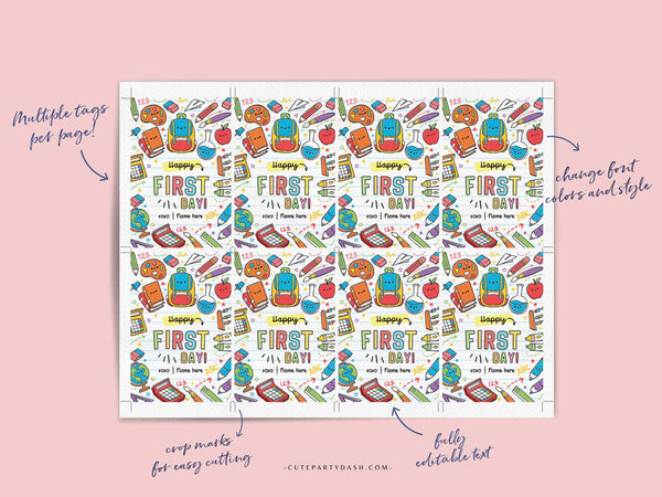EDITABLE Happy First Day of School Gift Tag Printable Welcome Back To School treat Tag Rainbow Teacher 1st day of school INSTANT DOWNLOAD