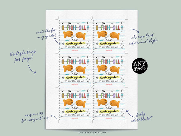 O-Fish-Ally in Kindergarten Back to School Goldfish Crackers Gift Tag Editable Gift from Teacher Student First Day School INSTANT DOWNLOAD