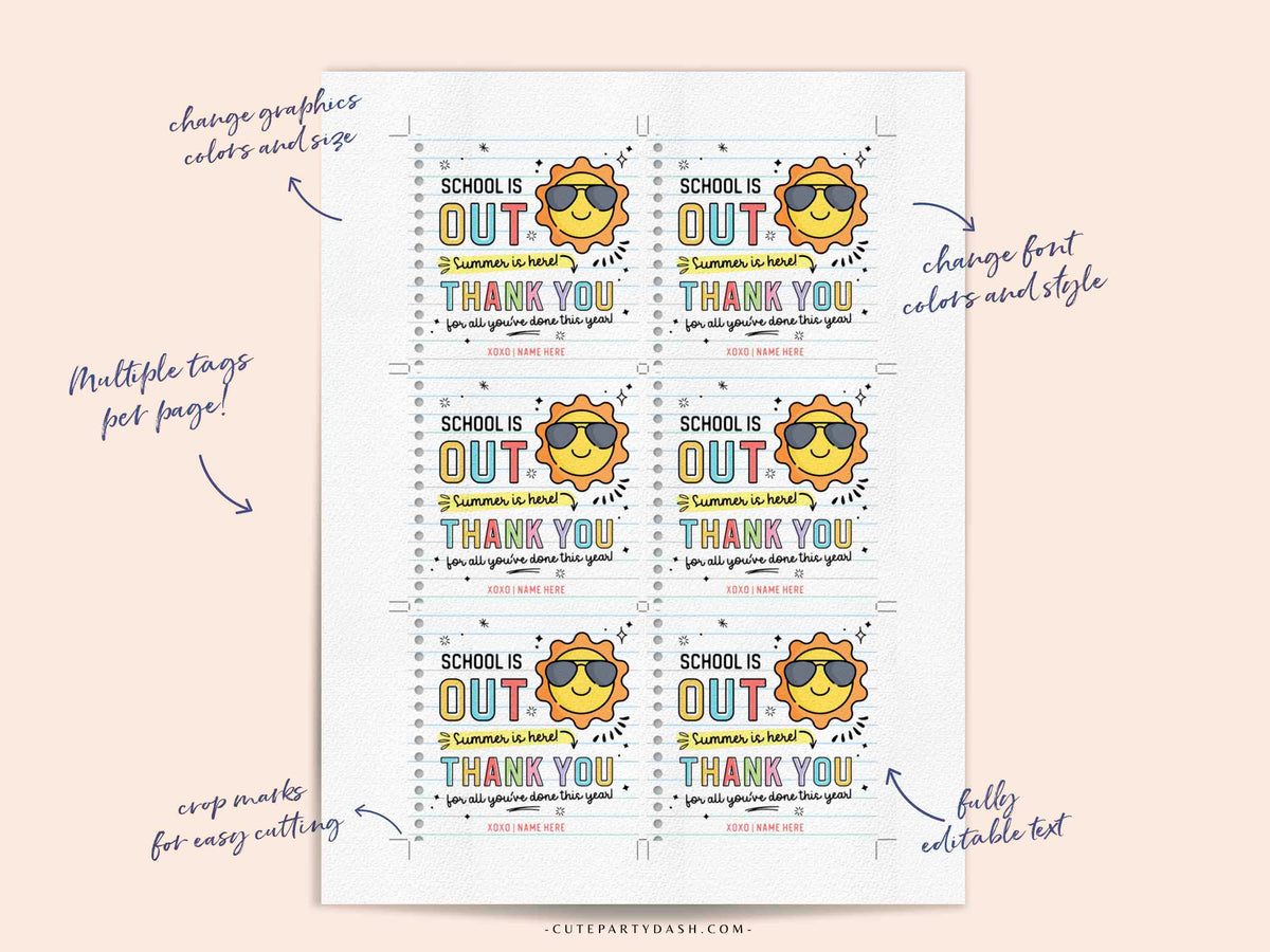 Editable School Is Out Summer Is Here Gift Tag, image size:1200x900