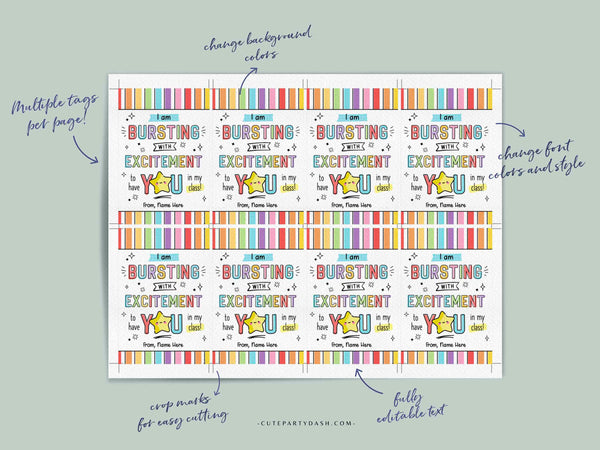 Copy of Bursting With Excitement Back to School Candy Tag Editable Printable Teacher Kids Starburst First day of school gift tag INSTANT DOWNLOAD