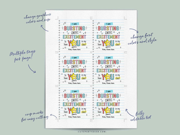 Bursting With Excitement Back to School Candy Tag Editable Printable Teacher Kids Starburst First day of school gift tag INSTANT DOWNLOAD