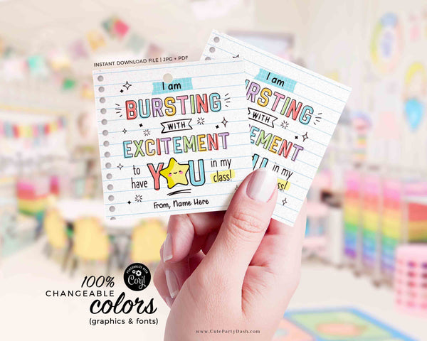 Bursting With Excitement Back to School Candy Tag Editable Printable Teacher Kids Starburst First day of school gift tag INSTANT DOWNLOAD