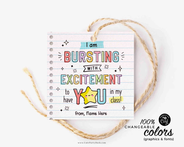 Bursting With Excitement Back to School Candy Tag Editable Printable Teacher Kids Starburst First day of school gift tag INSTANT DOWNLOAD
