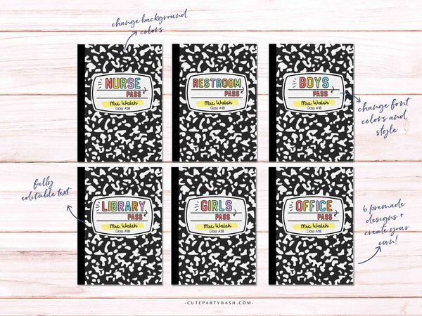 Classroom Hall Passes for teachers INSTANT DOWNLOAD Editable Composition Book Class Hall Pass Template Printable teacher Digital Download