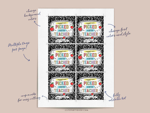 Couldn't have picked a better teacher Thank you Gift Tag Editable Teacher Appreciation Week Printable End of school year INSTANT DOWNLOAD