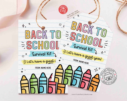 Back to School Survival Kit Gift Tag INSTANT DOWNLOAD Printable First Day of School Gift Tag template Editable Gift from Teacher Student Kids