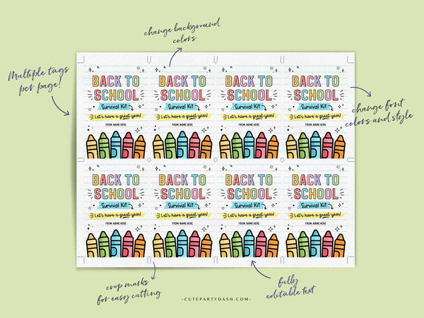 Back to School Survival Kit Gift Tag INSTANT DOWNLOAD Printable First Day of School Gift Tag template Editable Gift from Teacher Student Kids