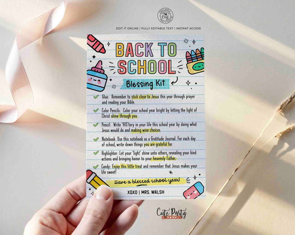 Back to School Blessing Kit INSTANT DOWNLOAD Survival Kit Card Printable First Day of School template Editable Gift Teacher Sunday School
