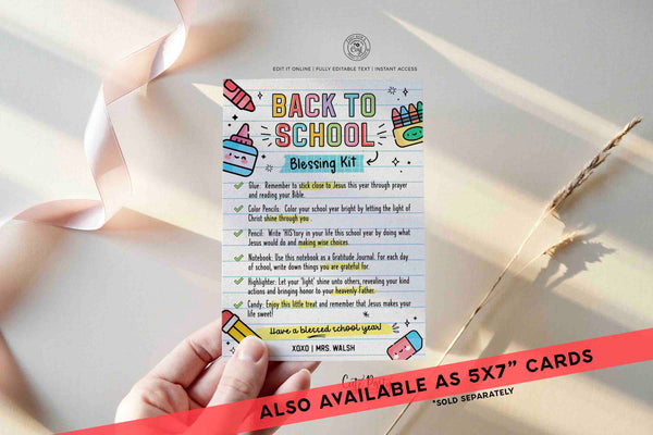 Back to School Blessing Kit Tag INSTANT DOWNLOAD Survival Kit Card Printable First Day of School template Editable Gift Teacher Sunday School