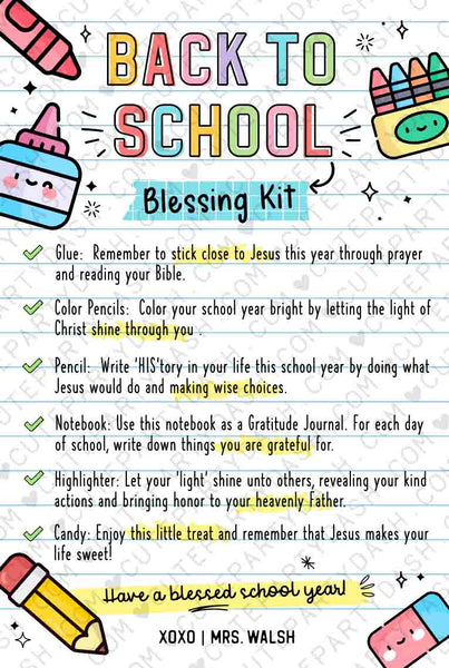 Back to School Blessing Kit Tag INSTANT DOWNLOAD Survival Kit Card Printable First Day of School template Editable Gift Teacher Sunday School