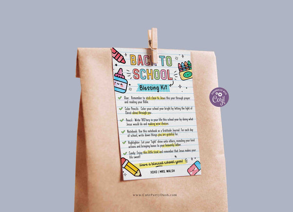 Back to School Blessing Kit Tag INSTANT DOWNLOAD Survival Kit Card Printable First Day of School template Editable Gift Teacher Sunday School