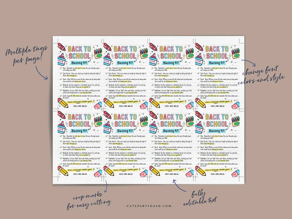 Back to School Blessing Kit Tag INSTANT DOWNLOAD Survival Kit Card Printable First Day of School template Editable Gift Teacher Sunday School