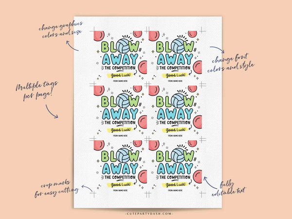 Volleyball Blow Away The Competition Gift Tag INSTANT DOWNLOAD Printable Good Luck Big Game Day Treat Sucker Lollipop Gum Candy Pun gift