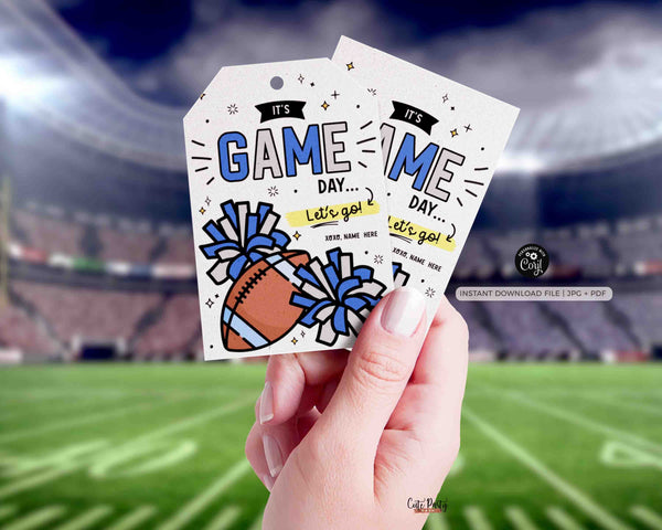 Football Game Day Gift Tag INSTANT DOWNLOAD Printable Football Good Luck Big Game Day Treat Blue and Silver Pom Pom Cheerleading Snack Bag