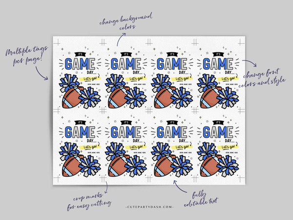 Football Game Day Gift Tag INSTANT DOWNLOAD Printable Football Good Luck Big Game Day Treat Blue and Silver Pom Pom Cheerleading Snack Bag