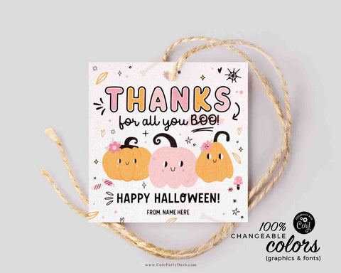 Thanks for All You Boo Halloween Gift Tag INSTANT DOWNLOAD Editable Pink Halloween Teacher Thanks for all you BOO treat tag Printable tags