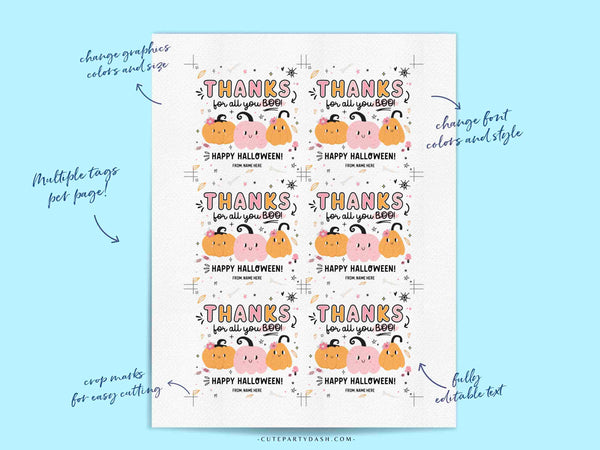 Thanks for All You Boo Halloween Gift Tag INSTANT DOWNLOAD Editable Pink Halloween Teacher Thanks for all you BOO treat tag Printable tags
