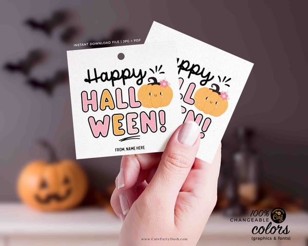 Happy Halloween Gift Tag Printable INSTANT DOWNLOAD Editable Pink Halloween Trick or Treat Favor Bag Tag School Classmate Teacher Kids PTO