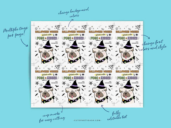 Halloween Gift Tag Printable Template INSTANT DOWNLOAD Happy Halloween Dog Pun Pugs and Kisses Treat Tag Pug Autumn Halloween Sticker Label