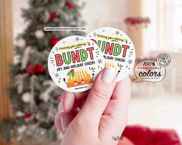 Christmas Bundt Cake Sticker Tag INSTANT DOWNLOAD Winter Break Teacher gift EDITABLE Nothing Bundt Joy 2"round Sticker Thank You Bundt