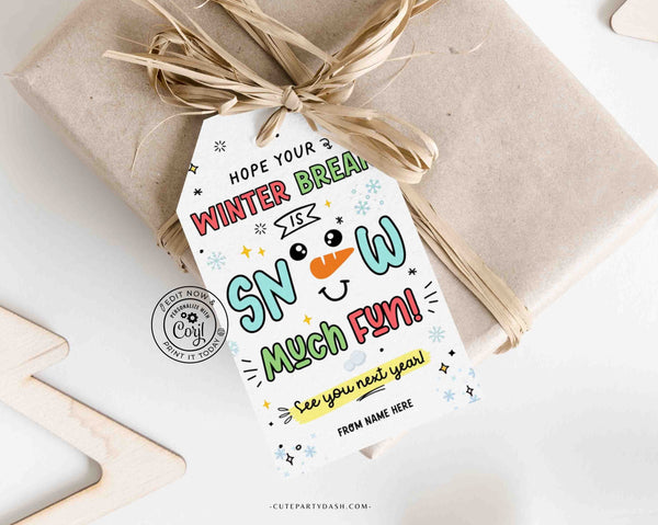 Editable School's Out Winter Break Christmas Gift Tag Printable INSTANT DOWNLOAD snow much fun Teacher Holiday Gift School Merry Christmas