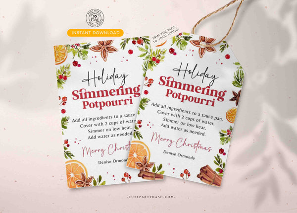 Printable Holiday Simmering Stovetop Potpourri Tag INSTANT DOWNLOAD Teacher Gift Idea Editable Homemade Christmas Potpourri Instructions Tag
