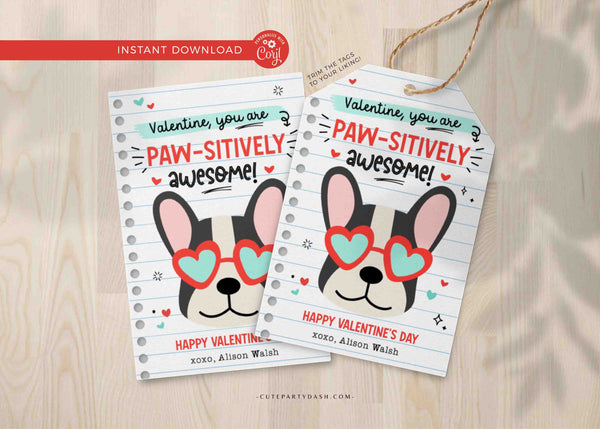 Printable Dog Valentine's Day Card Printable INSTANT DOWNLOAD Classroom Valentine Kids School Tag Happy Valentine's Day EDITABLE Puppy tag
