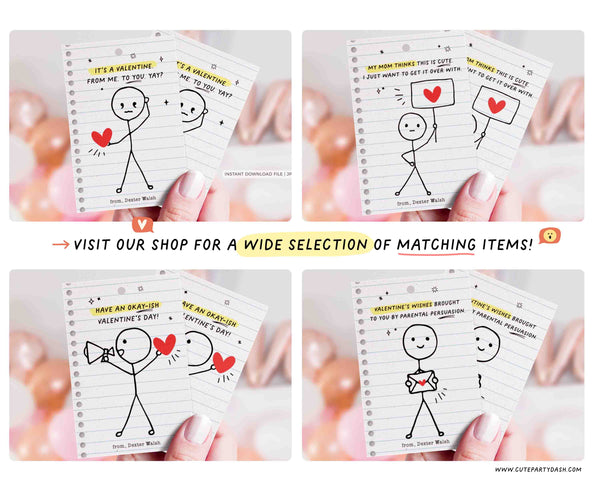 Funny Kids Valentine's Day Cards Printable INSTANT DOWNLOAD Classroom Kids School Tag Happy Valentine's EDITABLE Stick Figure Humor Card