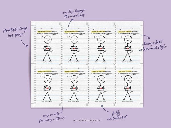 Funny Kids Valentine's Day Cards Printable INSTANT DOWNLOAD Classroom Kids School Tag Happy Valentine's EDITABLE Stick Figure Humor Card