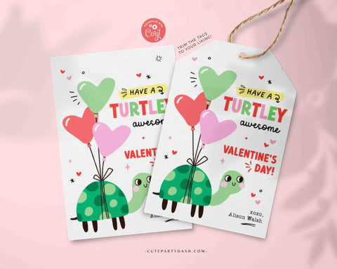 Valentine's Day Kids Classroom Punny Tags Printable INSTANT DOWNLOAD Happy Valentine's Day Pun Card EDITABLE Turtle Non-Candy School Teacher