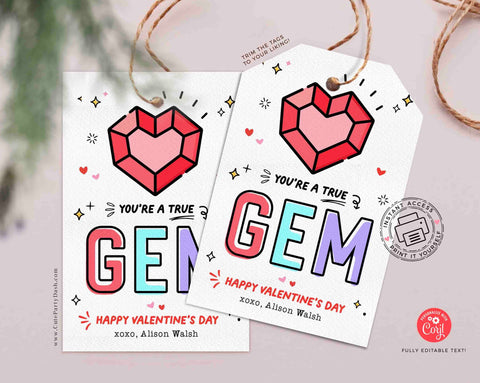 Valentine's Day Kids Classroom Ring Valentine Pop Gemstone Punny Tags Printable INSTANT DOWNLOAD Happy Valentine's Day Pun Card EDITABLE Gem