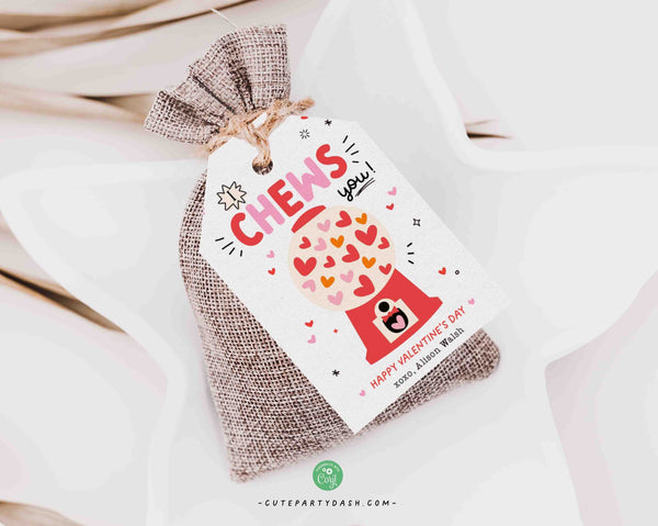 I Chews You Valentine's Day Gift Tag Printable INSTANT DOWNLOAD Kids Classroom Bubble Gum Valentines Tag Valentine's Day Gift Label Sticker
