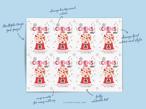 I Chews You Valentine's Day Gift Tag Printable INSTANT DOWNLOAD Kids Classroom Bubble Gum Valentines Tag Valentine's Day Gift Label Sticker