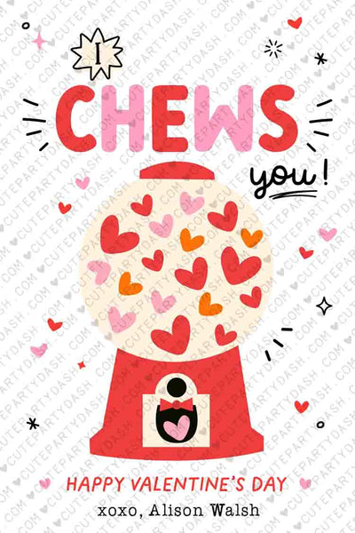 I Chews You Valentine's Day Gift Tag Printable INSTANT DOWNLOAD Kids Classroom Bubble Gum Valentines Tag Valentine's Day Gift Label Sticker