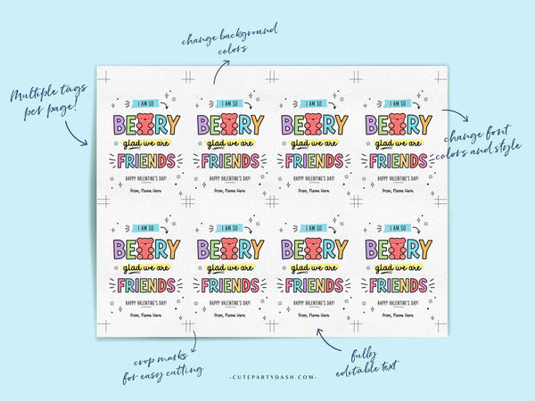 Gummy Bear Valentine's Day Gift Tag Printable INSTANT DOWNLOAD Kids Classroom So Beary Glad We're Friends Valentine's Day Gift Label Sticker