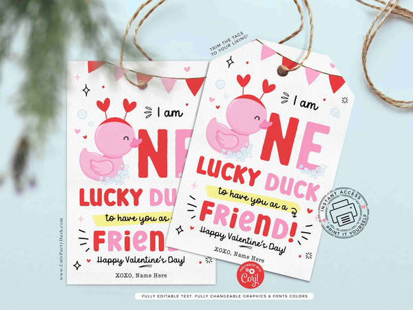 One Lucky Duck Valentine's Day Gift Tag Printable INSTANT DOWNLOAD Kids Classroom Rubber Duck Valentines Day Treat Exchange Teacher Gift