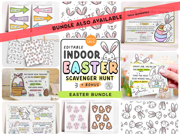 Indoor Easter Egg Hunt Printable INSTANT DOWNLOAD Editable Easter Scavenger Hunt Game for Kids Activity Treasure Hunt Clues Bunny