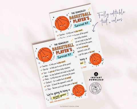 Basketball Survival Kit Tag Printable INSTANT DOWNLOAD Editable Basketball Team Survival Kit Card Good Luck School Sports Player Gift Treat