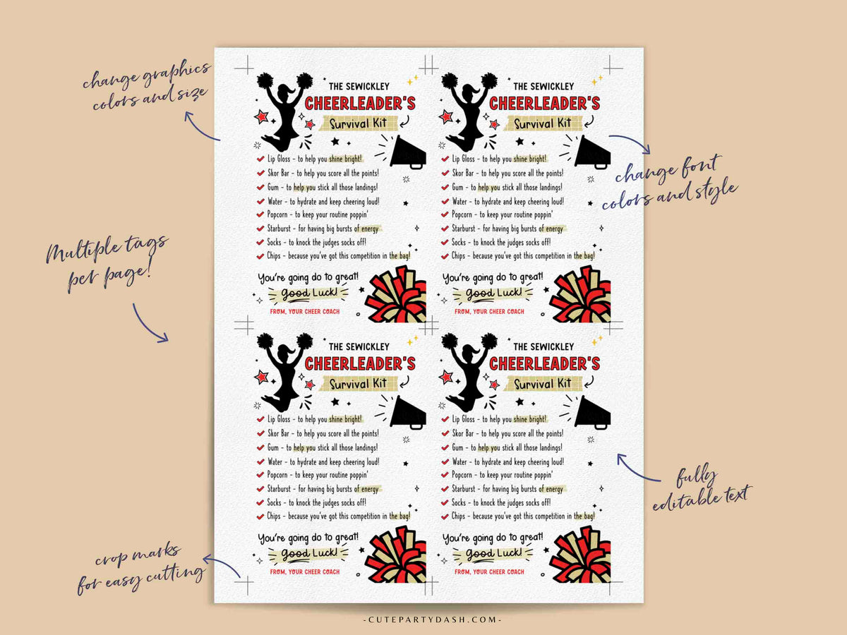 Cheerleader Survival Kit Tag/Card Printable INSTANT DOWNLOAD – Cute Party Dash cheerleader-survival-kit-tag-card-printable-instant-download-cute-party-dash