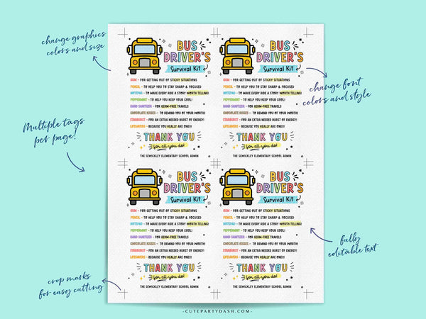 Bus Driver's Survival Kit Tag Printable INSTANT DOWNLOAD Editable school bus driver Gift Survival Kit Card appreciation week School