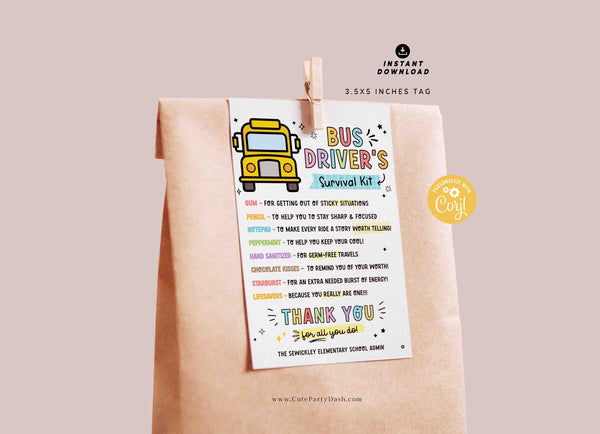 Bus Driver's Survival Kit Tag Printable INSTANT DOWNLOAD Editable school bus driver Gift Survival Kit Card appreciation week School