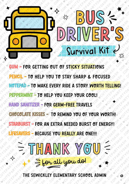 Bus Driver's Survival Kit Tag Printable INSTANT DOWNLOAD Editable school bus driver Gift Survival Kit Card appreciation week School