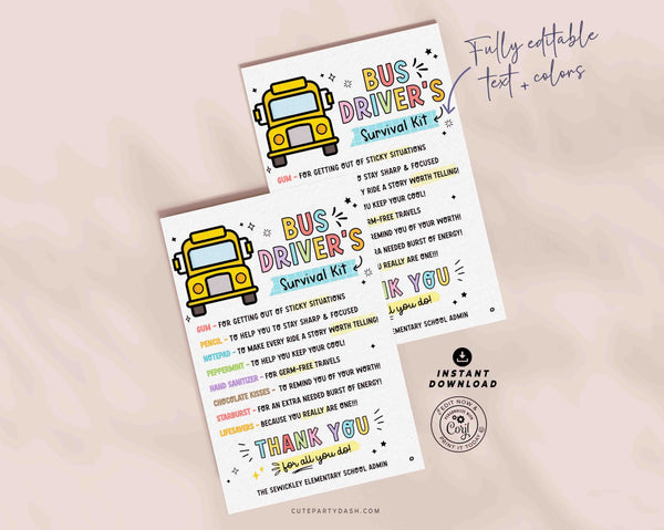 Bus Driver's Survival Kit Tag Printable INSTANT DOWNLOAD Editable school bus driver Gift Survival Kit Card appreciation week School
