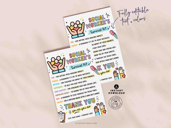 Social Worker's Survival Kit Gift Tags Printable INSTANT DOWNLOAD Editable School Social Work Appreciation Day Gift Survival Kit Card Thank