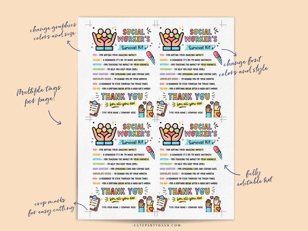 Social Worker's Survival Kit Gift Tags Printable INSTANT DOWNLOAD Editable School Social Work Appreciation Day Gift Survival Kit Card Thank