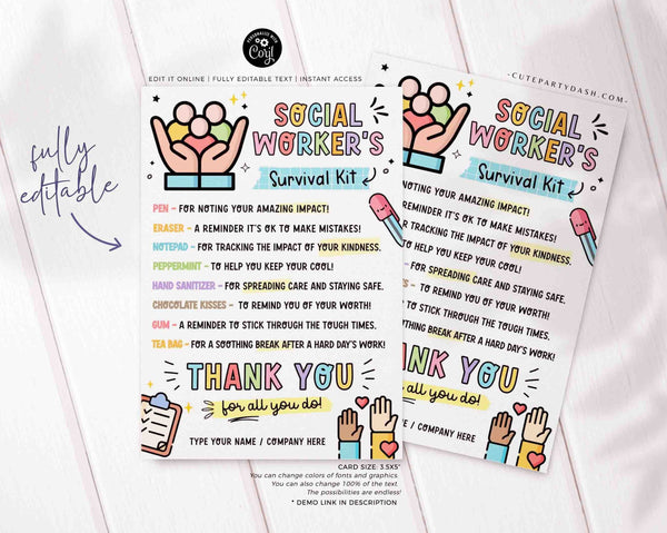 Social Worker's Survival Kit Gift Tags Printable INSTANT DOWNLOAD Editable School Social Work Appreciation Day Gift Survival Kit Card Thank