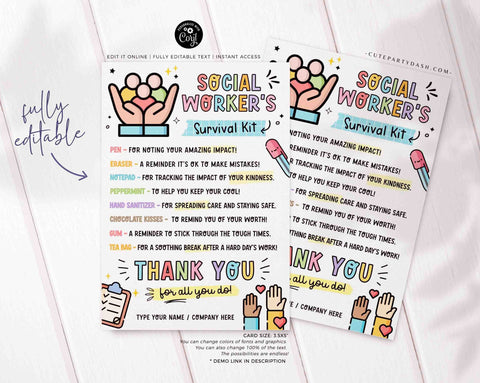 Social Worker's Survival Kit Gift Tags Printable INSTANT DOWNLOAD Editable School Social Work Appreciation Day Gift Survival Kit Card Thank
